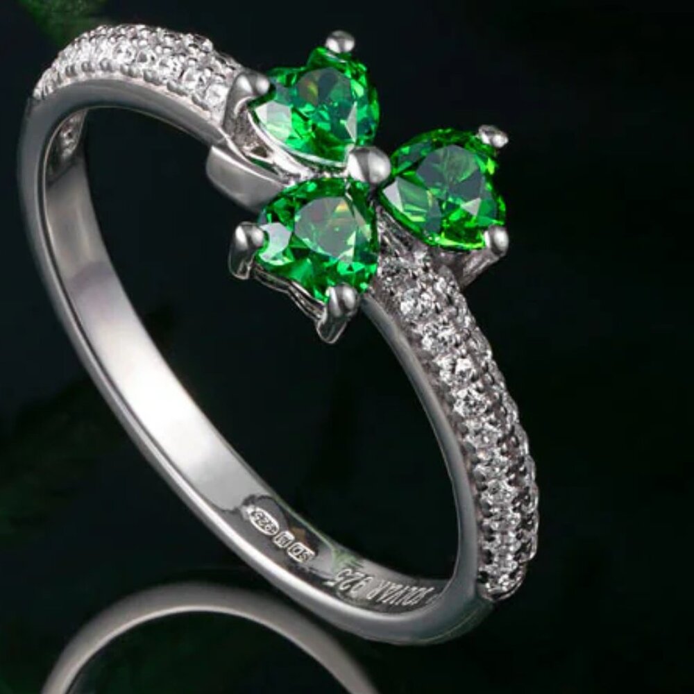 Solvar Irish Three Leaf Clover Shamrock Sterling Silver Green Crystal CZ Ring - Picture 13 of 14